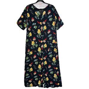 Vintage 90s Carole Little Dress 1X Black Button Up Short Sleeve Rayon Resortwear